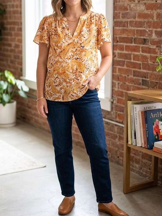Kasper Tops - 🔥$10 FINAL PRICE🔥 Kasper Paisley Print Flutter Sleeve Blouse Split V-Neck❤️